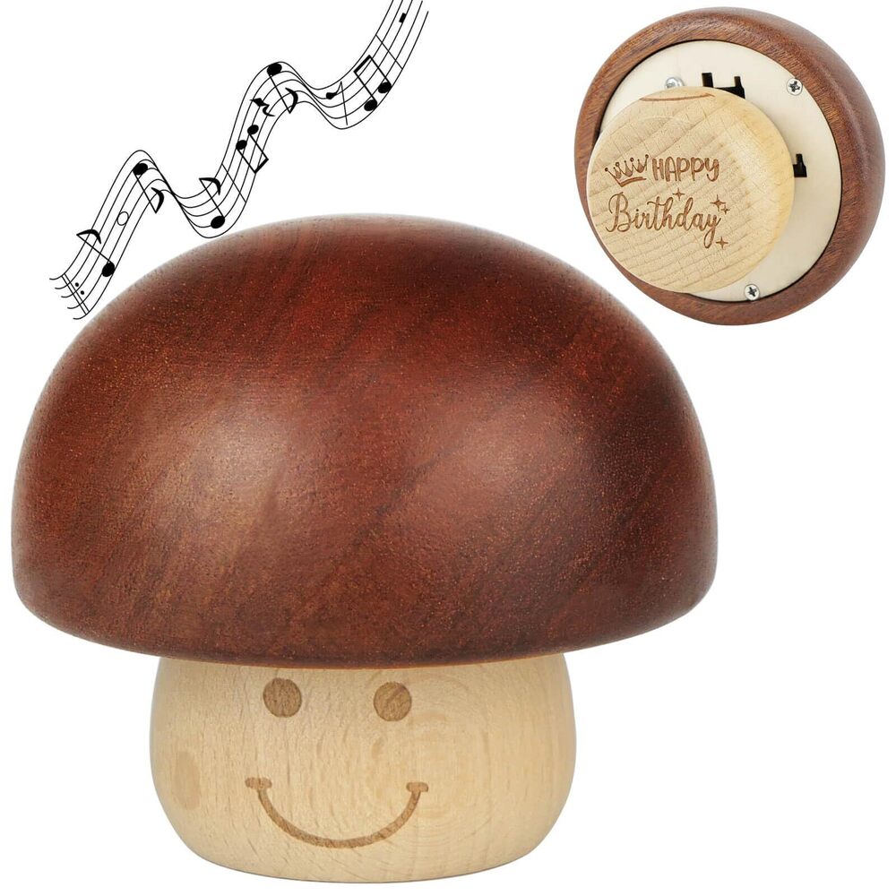 3401 Happy Birthday Music Box, Wood Engraved Vintage Cute Mushroom Wind Up